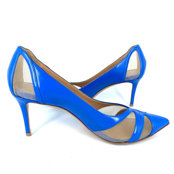 Salvatore Ferragamo Leather and Mesh Liz Pointed Toe Cutout Pumps Blue Size 7 - Picture 2 of 10